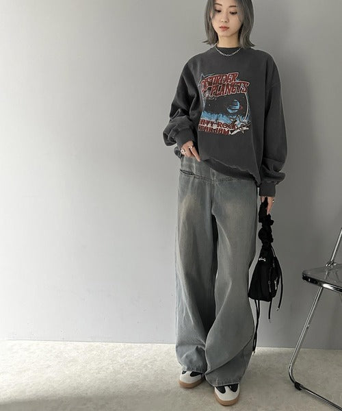 《JaVa ジャバコラボ》ヴィンテージ感でいっきに垢抜け。裏起毛ヴィンテージライクプリントピグメントビッグスウェット jv1029089