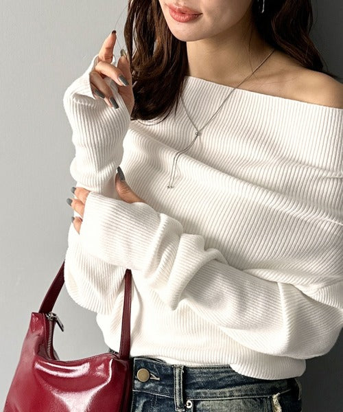 【mily bilet】立体的なシルエットが叶えるデコルテ魅せ♪指穴ドレープ使いファンオフショル２WAYリブニット mi1029137