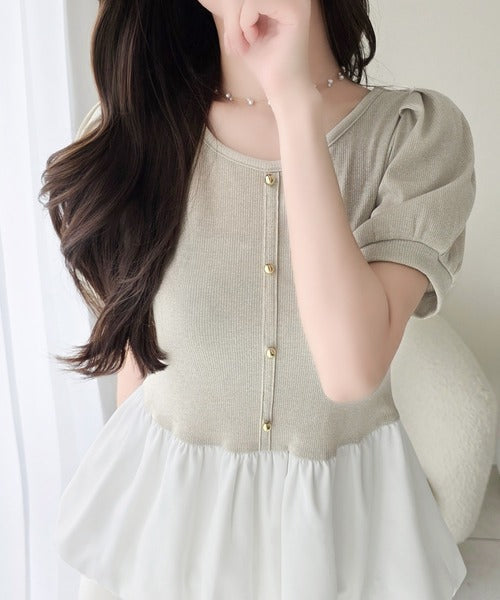 【mily bilet】きゅんとするシルエット。袖タックラメ混テレコリブ×異素材バルーントップス（半袖） mi1359056