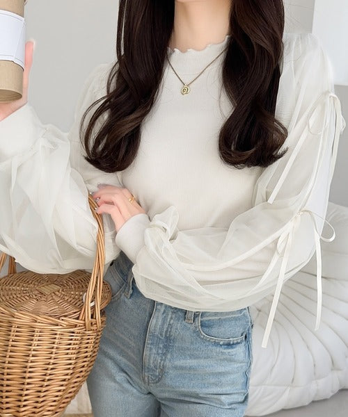 【mily bilet】大人可愛いふんわりスリーブが魅力♪サイドスリットリボンチュール重ねニットソー（長袖） mi1359005