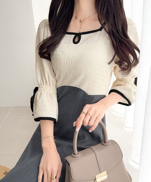 【mily bilet】さりげないスリットにきゅん♪袖リボン付き配色パイピング異素材ドッキングワンピース mi1019133
