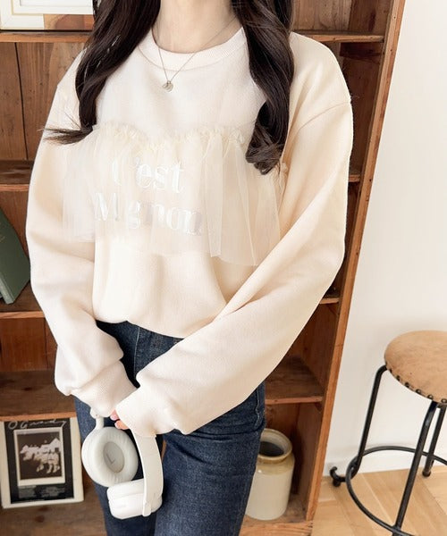【mily bilet】おしゃれと快適さを同時に叶える。チュール切り替え箔プリント裏起毛スウェット mi1359002