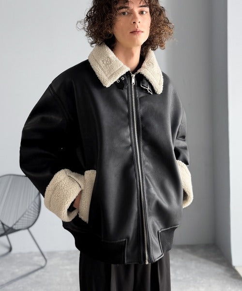 【Classical Origin】「ずっしりかっこいい。」2way襟ボア切り替えフェイクレザージャケット／2way Boa Collar Faux Leather Jacket co1150081
