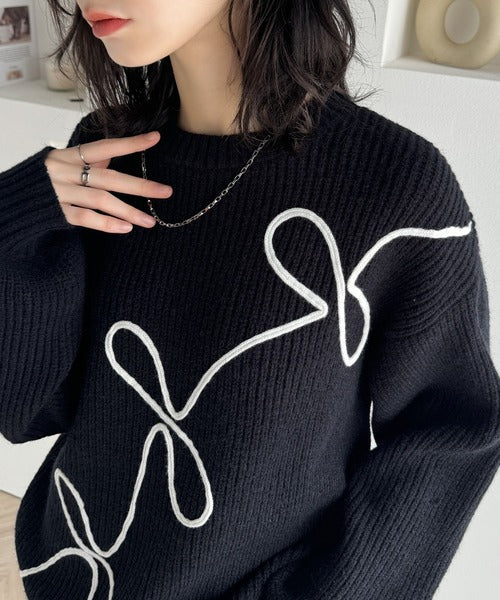 【mily bilet】ほどよい甘さで存在感漂う♪リボンコード刺繍畦編みニットプルオーバーニット mi1149063