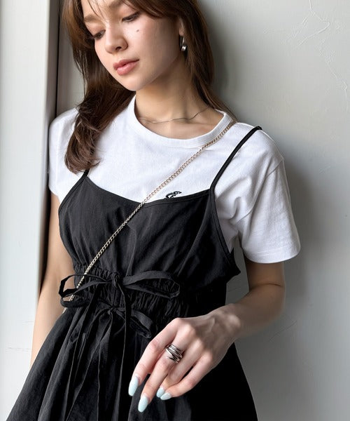 旬のレイヤードスタイルがこれ一着で即完成。ダブルリボン使いキャミ＆ムーン刺繍半袖Tシャツセット ce1265004