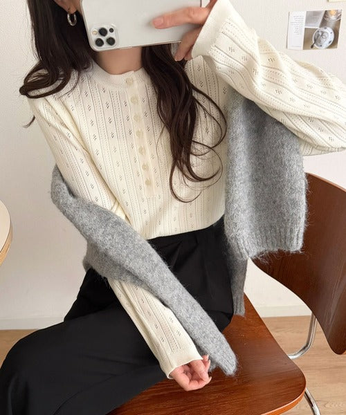 透かし柄にひと目惚れ♪大人フェミニン、アイレット柄ヘンリーネックニット (長袖) ce1020405