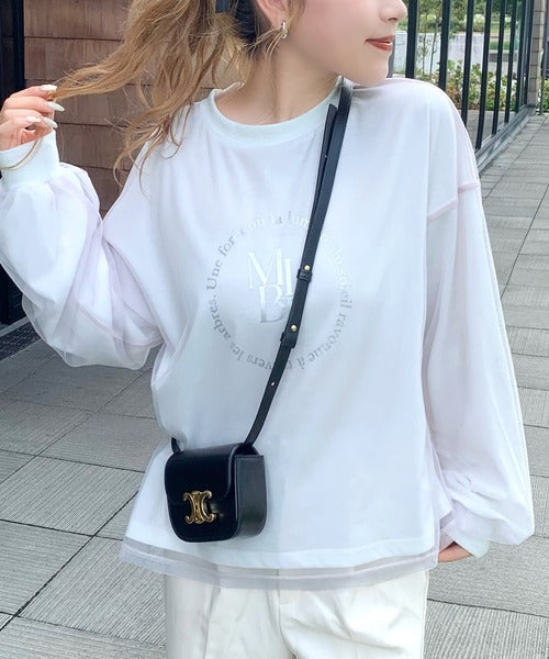 【mily bilet】デイリーからお出かけまであらゆるシーンに大活躍！箔プリントチュール重ねロングTシャツ mi1019058