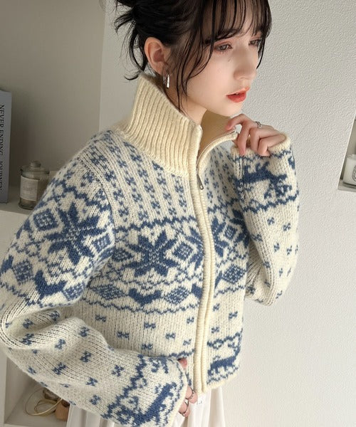【mily bilet】冬の定番でアレンジ万能♪ノルディック柄ダブルジップニットカーディガン(長袖) mi1029087