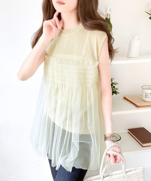 【mily bilet】ふんわり大人可愛いシアーラメトップス。チュールフリル使いノースリーブシアーニット mi1149052