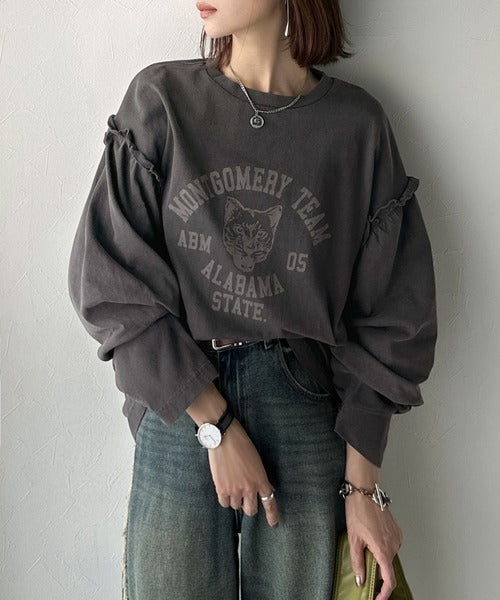 レディなヴィンテージスタイル。綿100％カレッジピグメント袖フリルTシャツ ce1020221
