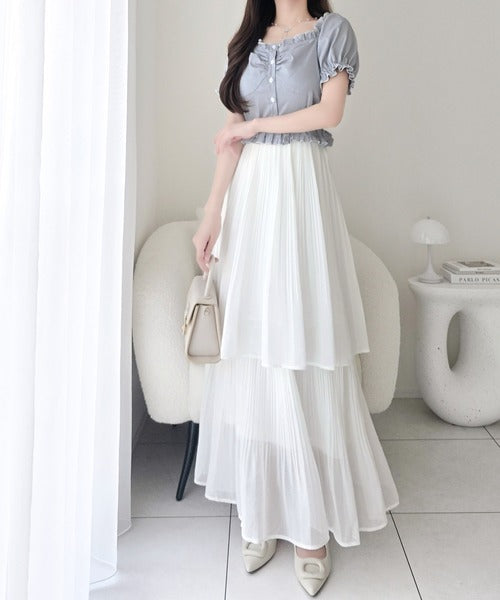 【mily bilet】1枚2役♪レイヤード風の着こなしが完成。2Wayパフスリーブブラウス×プリーツスカートドッキングワンピース (ロング丈) mi1139109