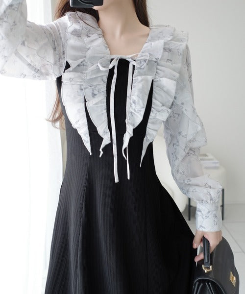 【mily bilet】上品にスタイルアップ。シャイニー花柄フリルブラウスドッキングワンピース mi1139093