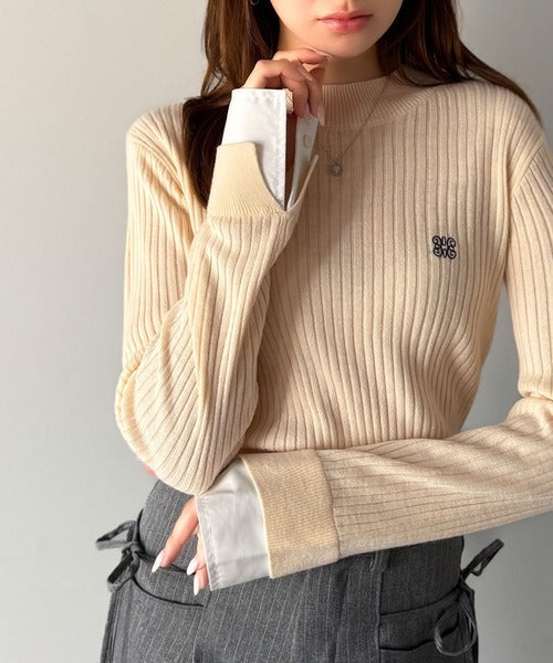 【mily bilet】1枚で完成♪重ね着風デザイン◎カシミアタッチ袖カフスレイヤード刺繍ニット mi1259018