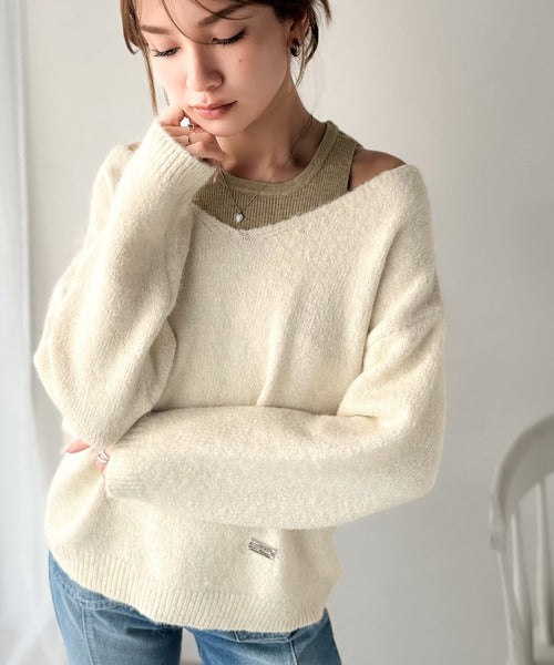 【mily bilet】洗練されたレイヤードスタイル！プレート使い異素材ニットレイヤードオフショル見せアンサンブルニット mi1029143