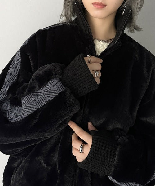 【mily bilet】上質な肌触り、スタイリッシュアウター。ジャガードテープ使いドロスト付き指穴シャギーファーブルゾン mi1019054