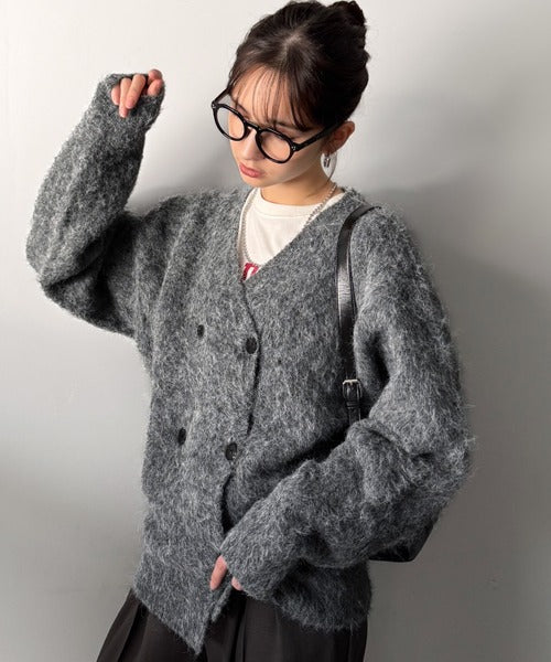 【Classical Origin】「アートな1着。」ミックスシャギー素材ダブルテーラードニットカーディガン／Mixed Shaggy Double-Tailored Knit Cardigan co0780011