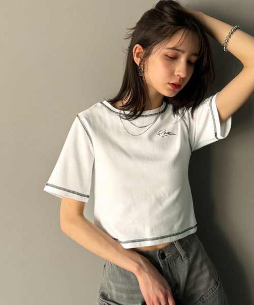 1枚で今っぽデザイン♪PAEAN刺繍配色ステッチチビTシャツ（半袖） ce1020200