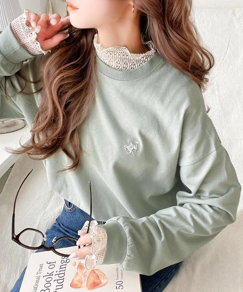 大人カジュアルスタイルに。綿100％着心地抜群の胸刺繍クルーネック長袖Tシャツ ce1050215