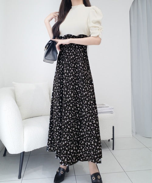 【mily bilet】一枚で主役級フェミニンスタイル。後ろシアーリボン花柄ドッキング袖ギャザーワンピース（ロング丈） mi1139073