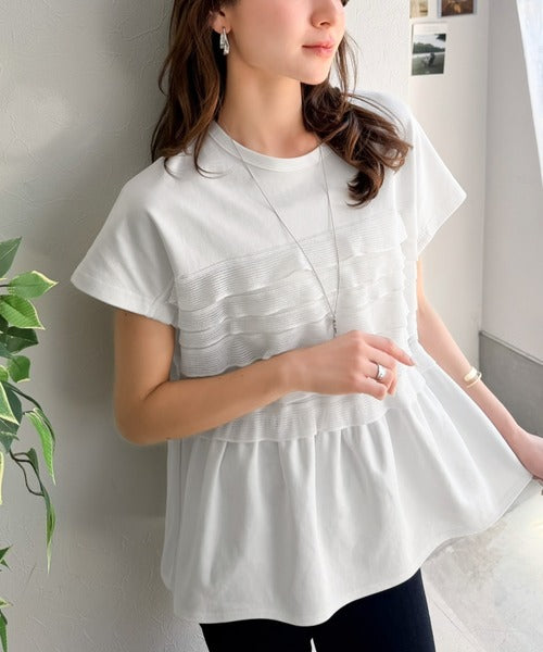 甘さを仕込む、大人の余裕。綿100％シルケット加工×シアーフリル切替オーバーサイズペプラムTシャツ（半袖） ce1410008