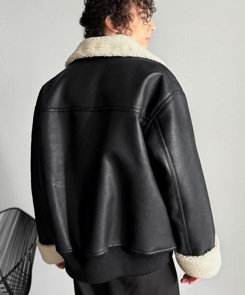 【Classical Origin】「ずっしりかっこいい。」2way襟ボア切り替えフェイクレザージャケット／2way Boa Collar Faux Leather Jacket co1150081