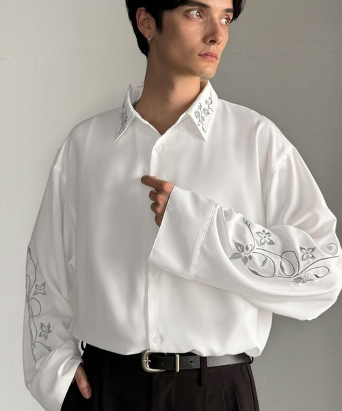 【Classical Origin】「繊細×モード」。刺繍使いルーズドレープシャツ（長袖）／Embroidery Loose Drape Shirt co1010025