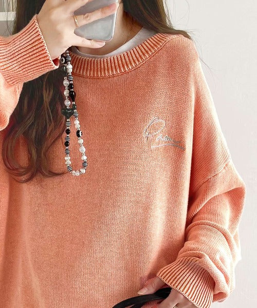大人可愛いレトロな雰囲気。綿100％ワンポイント刺繍ピグメントニットプルオーバー ce1260240