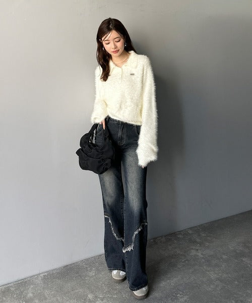 【mily bilet】カジュアルな大人ふんわり。メタルプレート使いフェザーシャギーポロニット（長袖） mi1029134