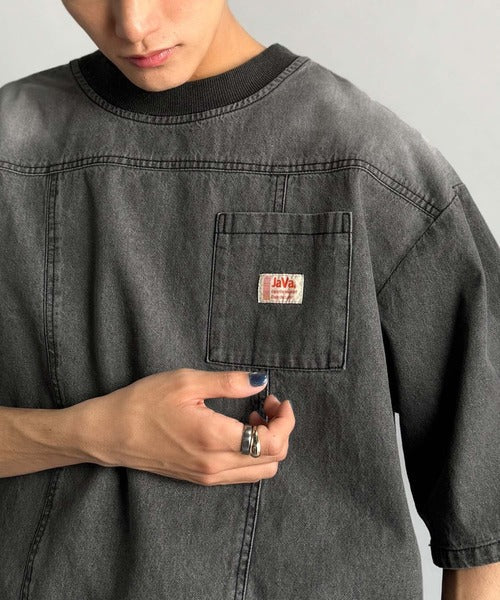 《JaVaジャバコラボ》綿100％ヴィンテージ加工アウターデニムTシャツ jo1010007