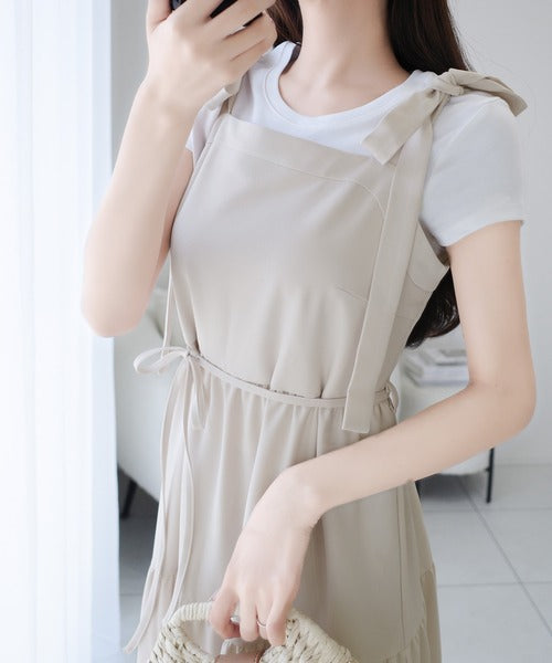 【mily bilet】上品な大人の甘さ惹き立てる、麻ライクなリボン使いキャミティアードワンピース（ロング） mi0789008