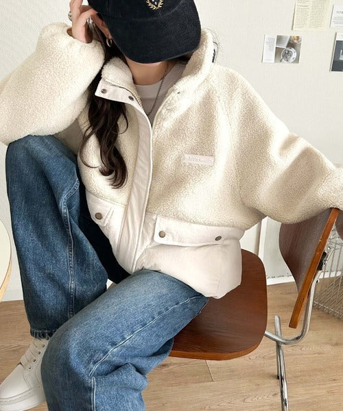 《JaVaジャバコラボ》暖かく包み込む、私のもこもこちゃん♪異素材MIXボア×ナイロン切替スタンドカラージャケット jv1240139