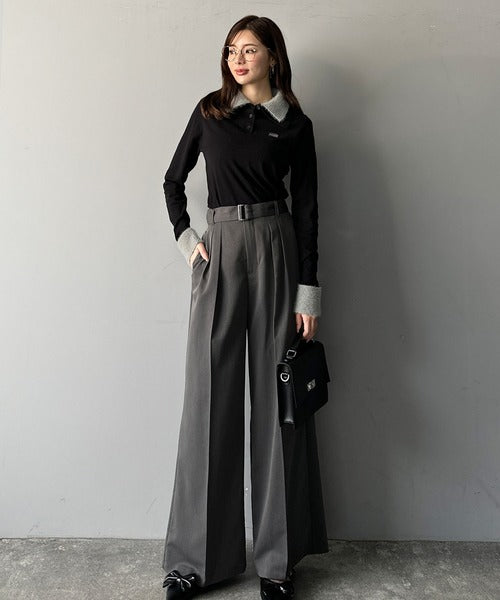 【mily bilet】上品とカジュアルを叶える、大人コーデが即完成。ファー使いダブル襟ロゴプレートニットポロ(長袖) mi1029150