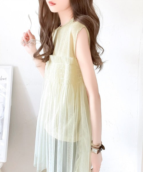 【mily bilet】ふんわり大人可愛いシアーラメトップス。チュールフリル使いノースリーブシアーニット mi1149052