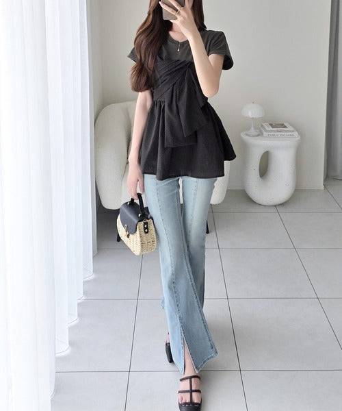 【mily bilet】忙しい朝も悩まない、初夏の一軍トップス。リボンビスチェドッキングTシャツ (半袖) mi1019145
