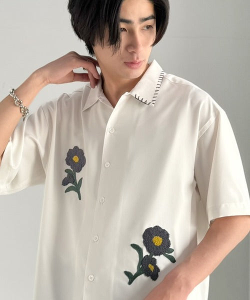 【接触冷感機能付き】サガラ刺繍フラワーステッチシャツ／Cool-Touch Fabric Sagara Embroidered Flower Stitch Shirt (半袖) co1320019
