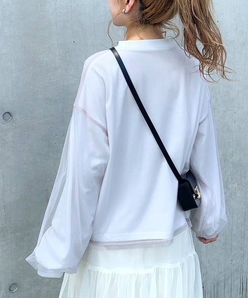 【mily bilet】デイリーからお出かけまであらゆるシーンに大活躍！箔プリントチュール重ねロングTシャツ mi1019058