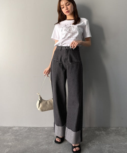 《JaVa ジャバコラボ》新感覚な大人デニム。ロールアップフロントポケットワイドデニムパンツ jv0909005