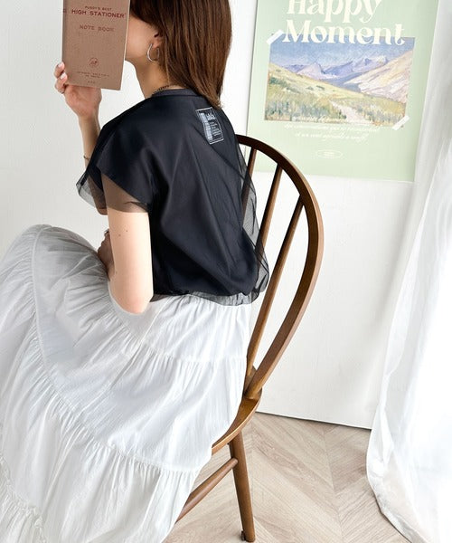 《JaVa ジャバコラボ》１枚で即こなれ感。バックプリントチュールレイヤードフレンチTシャツ jv1010316