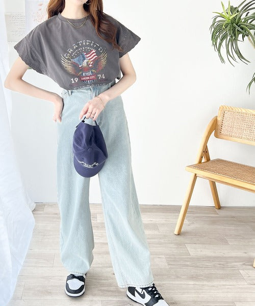 《Javaジャバコラボ》ヴィンテージライクなデザイン。綿100％袖レースピグメントロックTシャツ jv1050164