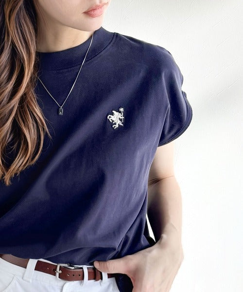 大人女子の上品ベーシック。綿100％シルケットモックネックフレンチTシャツ(刺繍) ce1260395
