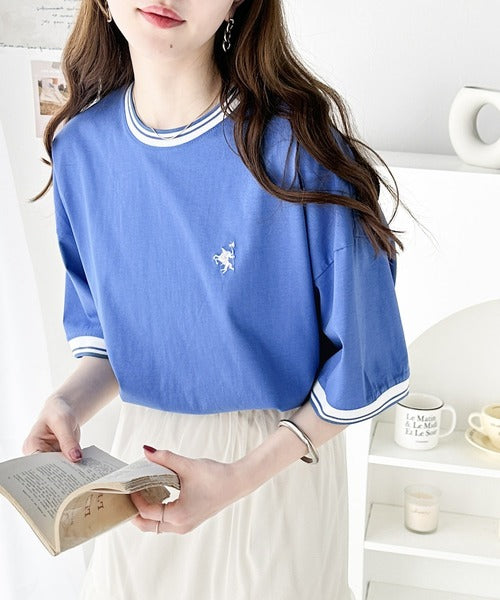 《JaVa ジャバコラボ》大人スポーティー。綿100%シルケット 配色刺繍Tシャツ jv1050074