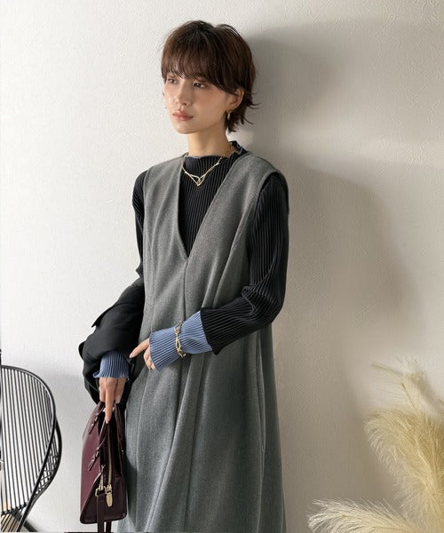 【Classical Evon】一枚で決まる、凛とした美しさ。Vネックウエストタックワンピース（ロング丈） ev1110146
