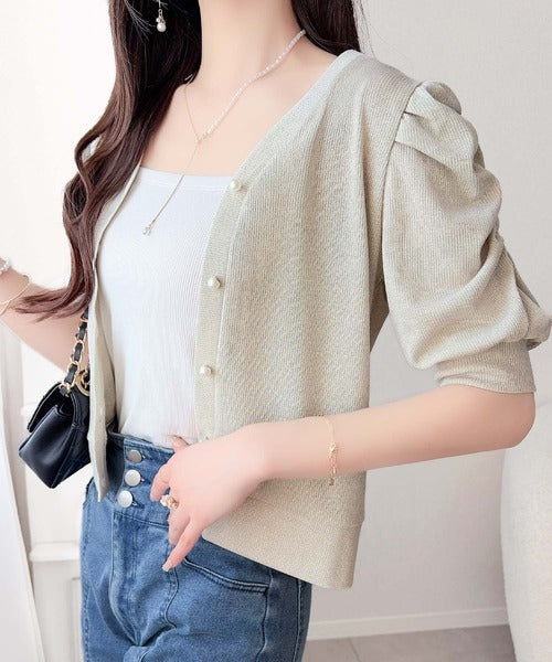 【mily bilet】さりげないラメで華やぐ。袖ギャザーパフスリーブラメテレコリブパール釦カーディガン（半袖） mi1359054