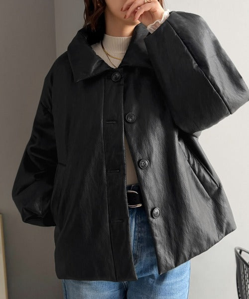 レザーって、こんなに可愛く着られる！大人可愛い丸みシルエット♪フェイクレザー中綿入りステンカラーショートジャケット ce1070253