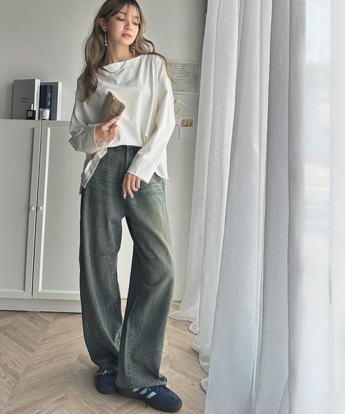 女性らしさ漂う、大人シンプル。シルケット風ボートネックロンTee ce1050246