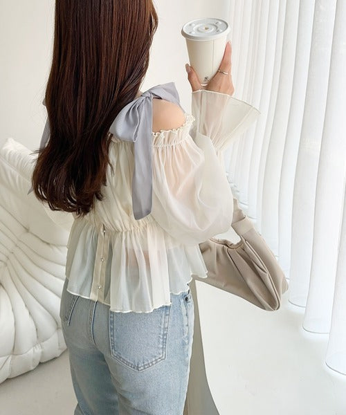 【mily bilet】大人愛され甘め主役級トップス。肩リボンオフショル２WAYオーガンジーブラウス(長袖) mi1359008