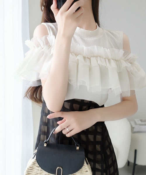 【mily bilet】ときめき、ひとめぼれ。女の子気分をぎゅっと詰めた一枚♪チュールフリルドッキングノースリーブワンピース（ロング丈） mi1019093