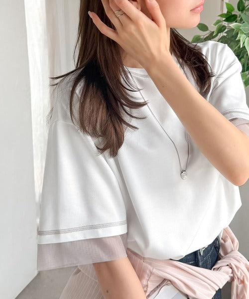《JaVa ジャバコラボ》異素材ミックスで魅せる、大人のこなれ感。チュールドッキング配色ステッチトップス（半袖） jv1330094