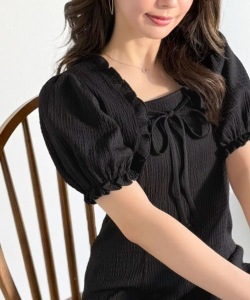 【mily bilet】ボレロ見えレイヤードでスタイルアップ。リボン付き パフスリーブドッキングワンピース (ロング丈) mi1019131