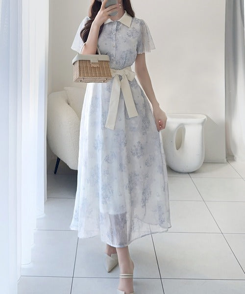 【mily bilet】夏を涼む相棒ワンピ♪水彩フラワーが上品。シアーフローラル バックリボンワンピース (長袖) (ロング) mi1139101